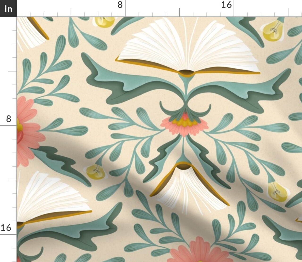 Library Book Pink Coral Damask Reading Hidden Whimsical Custom Printed Fabric by Spoonflower Various Fabrics by the Yard or Fat Quarter